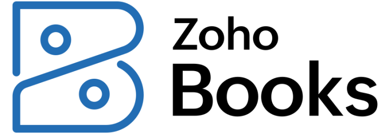 "Zoho Books logo with a stylized blue 'B' design and the text 'Zoho Books' in black, representing Zoho’s cloud-based accounting software."